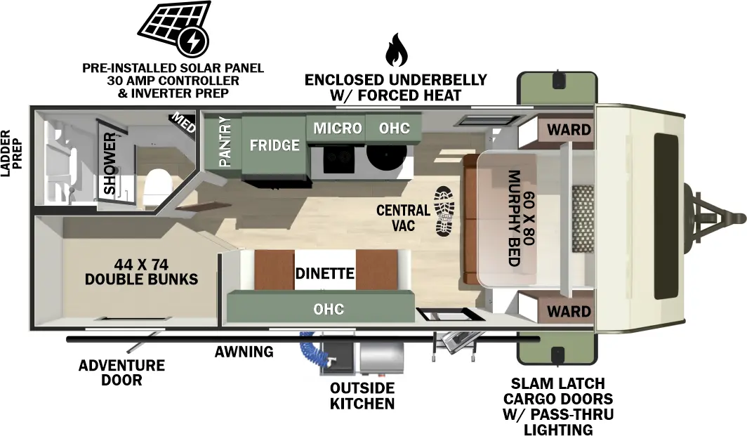 The No Boundaries NB19.3 floorplan has one entry and zero slide outs. Exterior features include: fiberglass exterior, 16' awning and outside kitchen. Interiors features include: bunk beds and murphy bed.